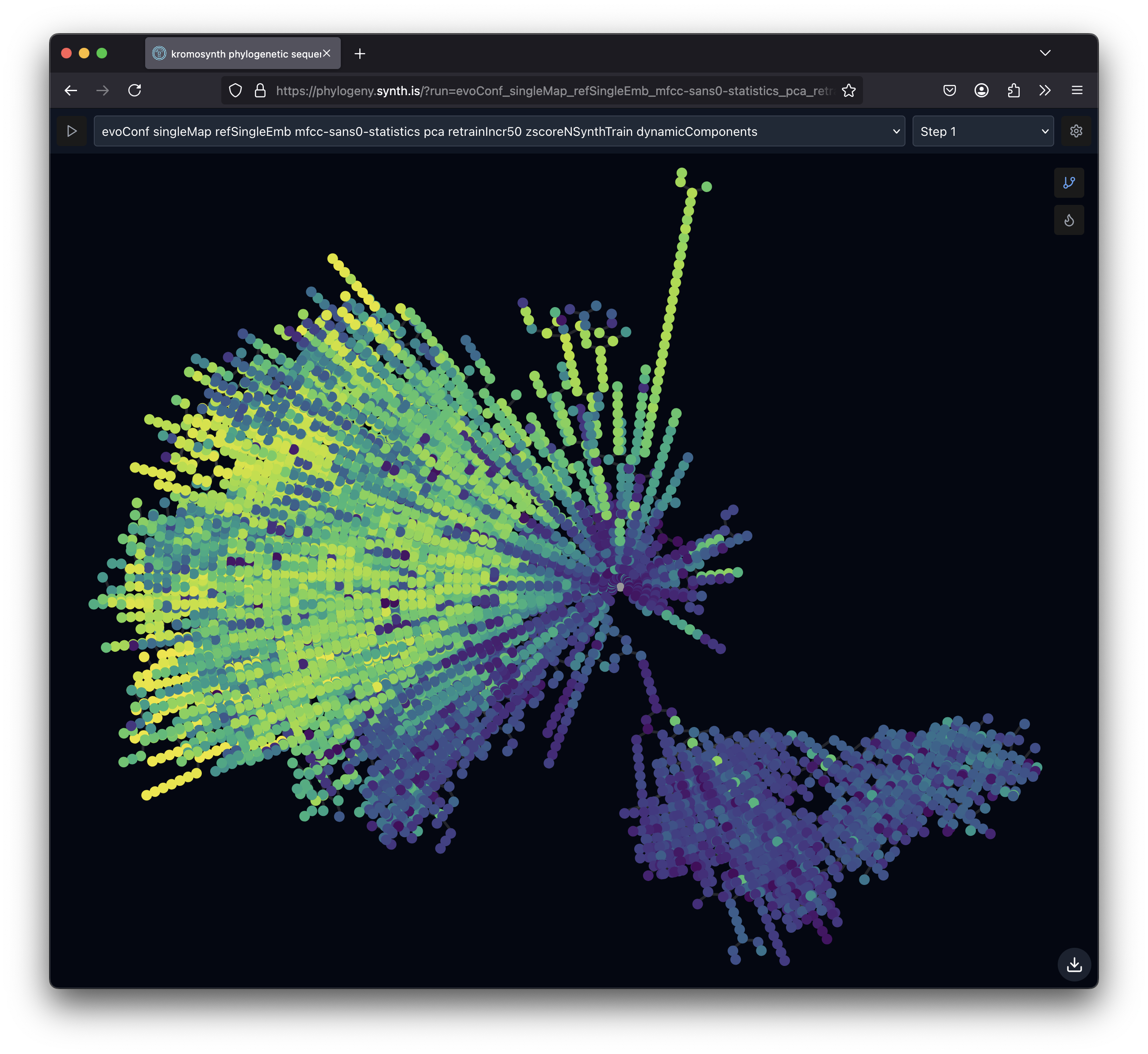 Web interface visualising a phylogenetic tree of evolved sounds