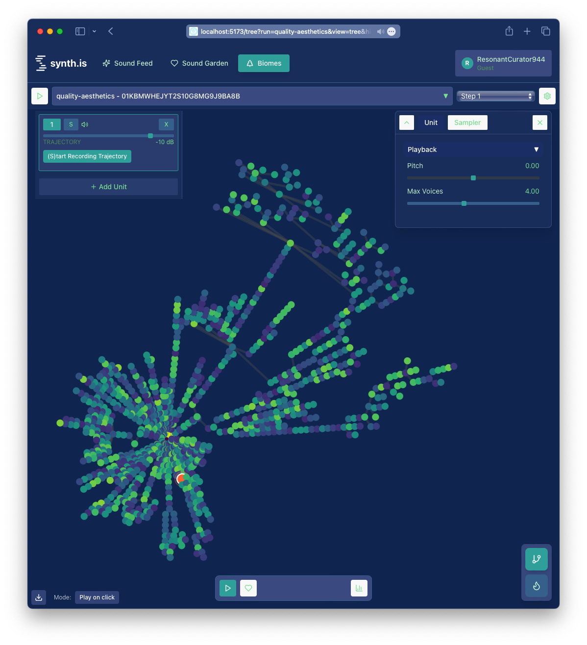 Phylogenetic tree of evolved sounds with highlighted selections