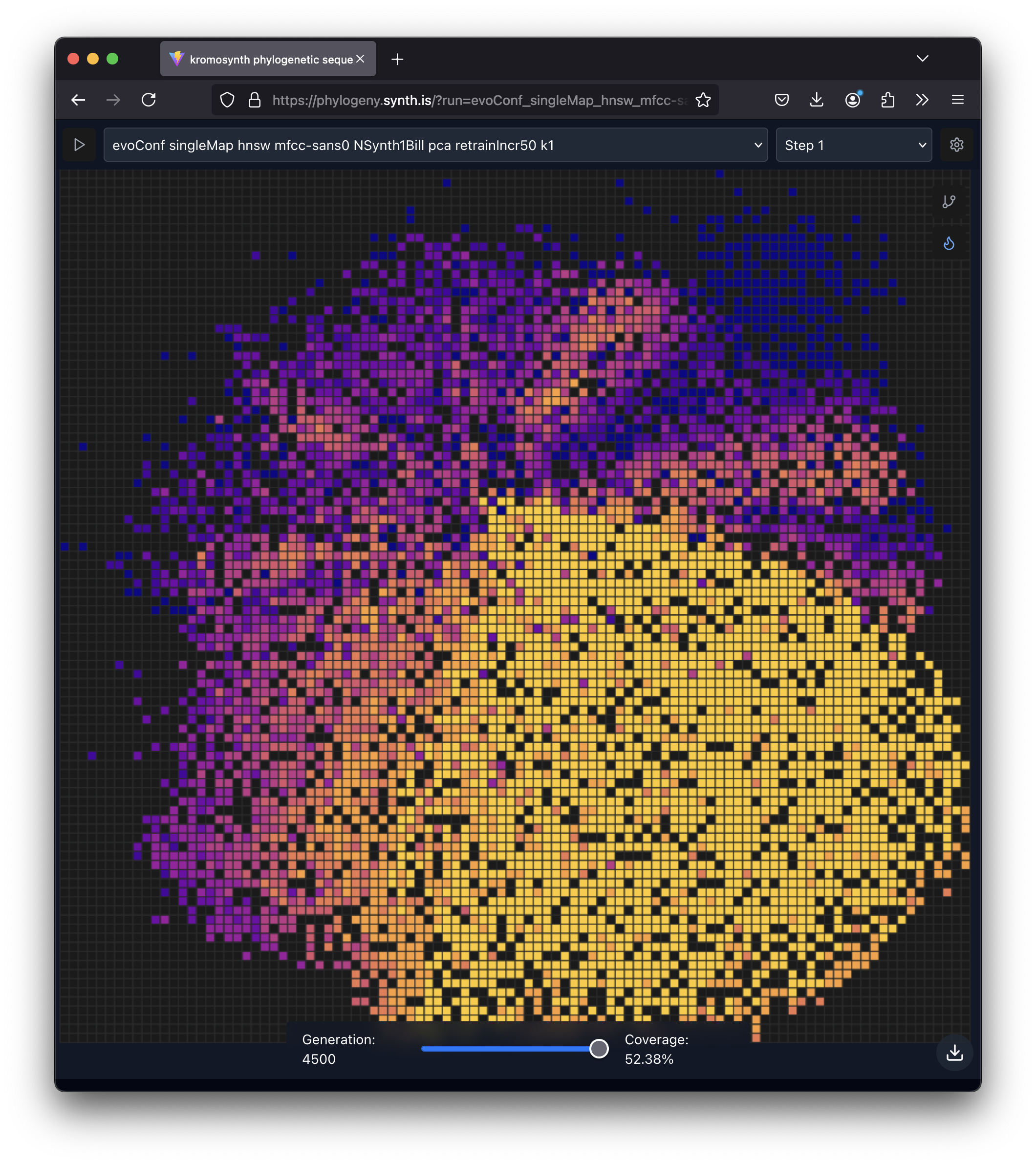 MAP-Elites heatmap showing niche grid filled with evolved sounds